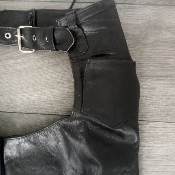 Black Leather Chaps Daytona Motorcycle BIKER SZ Small Zip Lace Up Waist Snap - Picture 4 of 9